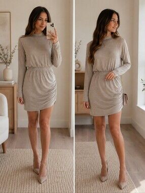 Express Taupe Long-Sleeve Ruched Midi Dress